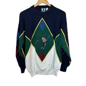 Vintage Izod Mens Golf Sweater‎ Large Embroidery Graphic Pullover 100% Cotton